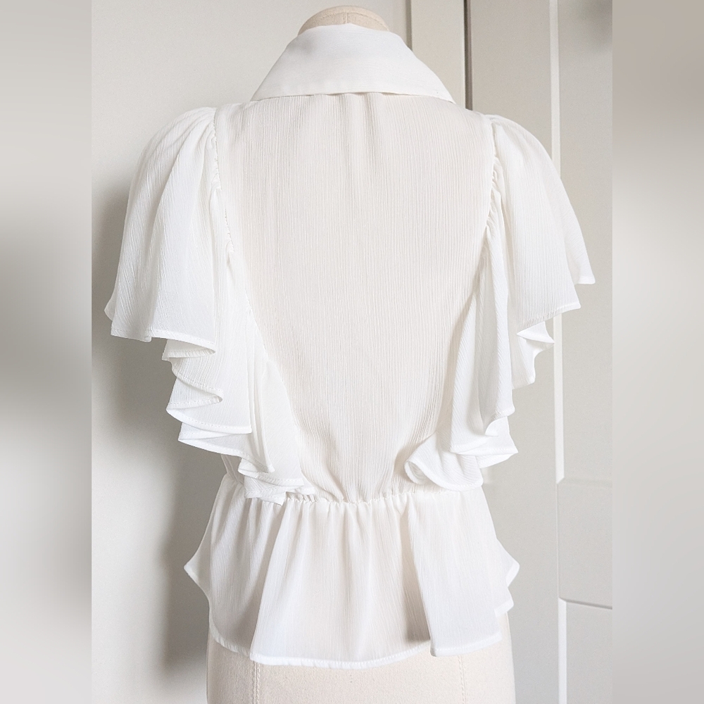 NWT Zara White Button up Ruffle Sleeve Blouse with Black Neck Tie XS - Picture 5 of 8